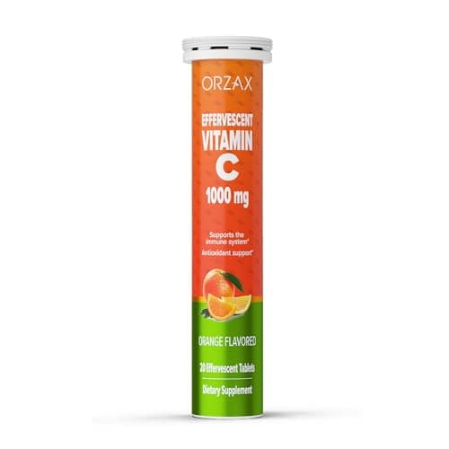 ORZAX Vitamin C 1000 mg Effervescent Tablets | Sugar Free, Gluten Free, GMO Free | Dissolvable Vitamin C Supplement for Immune Support & Antioxidant Support | Orange Flavored (1000mg - 20 Tablets) image