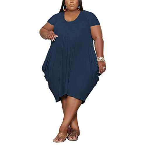 YeGine Oversize Tshirt Dress for Women Casual Plus Size Short Sleeves Midi Tunic Dresses with Pockets Dark Blue 3XL image
