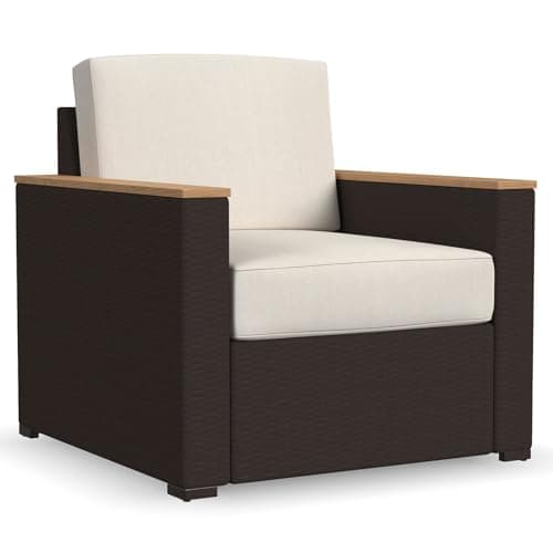 Homestyles 6800-10 Palm Springs Outdoor Arm Chair with Cushion, Weatherproof Woven Wicker Rattan with Acacia Wood Accents, 1 Person, Beige image