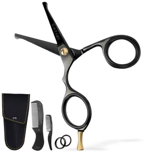 Ontaki 4.2" Japanese Steel Rounded-Tip Scissors for Beard - Mustache, Nose, Ear & Hair – Ergonomic Bent Handles - Hand-Forged Men's Grooming Scissors (Black 4.2") - Beard Grooming Kit image