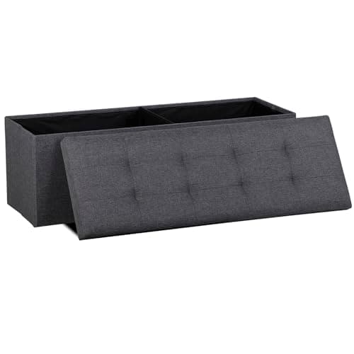 SUPER DEAL Folding Storage Ottoman Bench Foot Rest Storage Chest,15 x 43 x 15 Inches End of Bed Bench with Divider for Living Room Bedroom Entryway, 660 lbs Load Capacity, Linen Fabric, Dark Grey image
