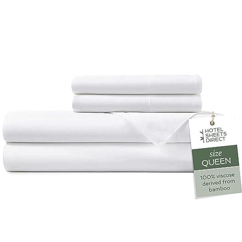 Hotel Sheets Direct 4 Piece Bed Sheet Set Queen Size, 100% Viscose Derived from Bamboo Sheets Set with 2 Pillowcases, Cooling & Breathable Luxury Bedding, Moisture-Wicking & Silky Soft Texture, White image