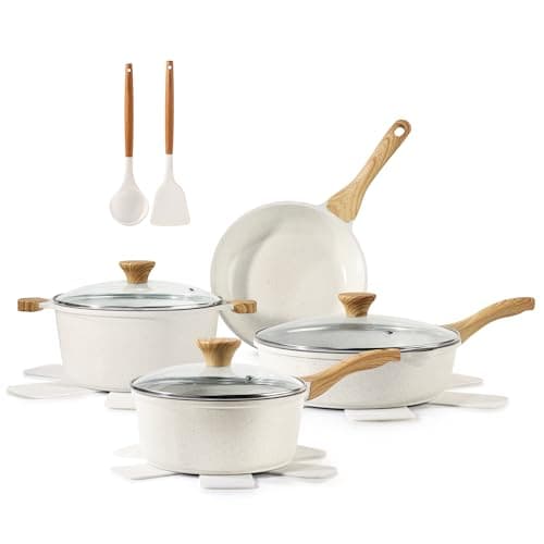 SENSARTE Nonstick Ceramic Cookware Set 13-Piece, Healthy Pots and Pans Set, Non-toxic Kitchen Cooking Set with Stay-Cool Handles, Silicone Tools and Pot Protectors, PFAS and PFOA Free image