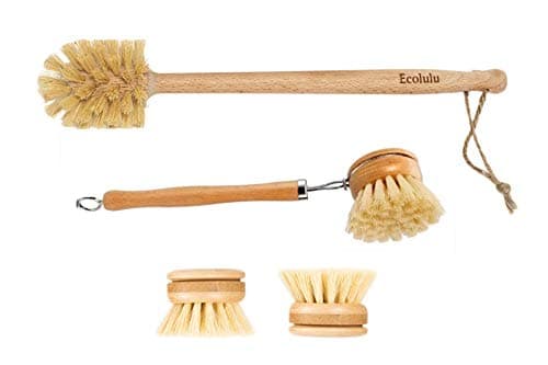 ECOLULU Natural Bamboo Dish Brush & Wood Bottle Brush for Wide Mouth Bottles, Cups and Jars, 2 Replacement Heads included (4 units total) Biodegradable, Eco Friendly Products image