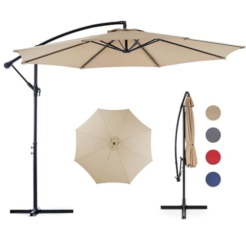 Sweetcrispy 9.8FT Offset Patio Umbrella Hanging Cantilever Umbrella Outdoor Sun Shade with Easy Tilt Adjustment, 8 Ribs, UV Protection for Backyard, Lawn, Garden and Pool, Khaki image