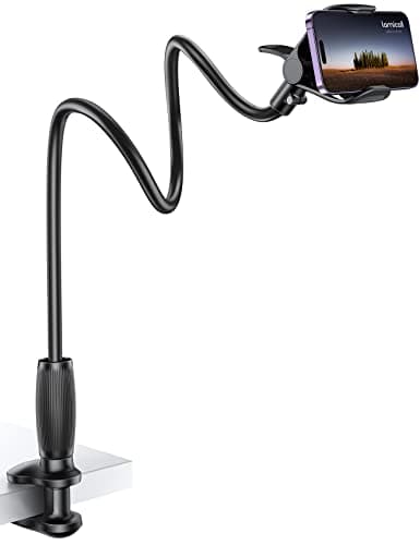 Lamicall Gooseneck Phone Holder for Bed - [Upgraded Stable Clip] for Desk, Headboard, Bed, Bedside, Table, Flexible Gooseneck Long Arm Stand, Overhead Cell Phone Clamp Mount, for All 4-7” Devices image