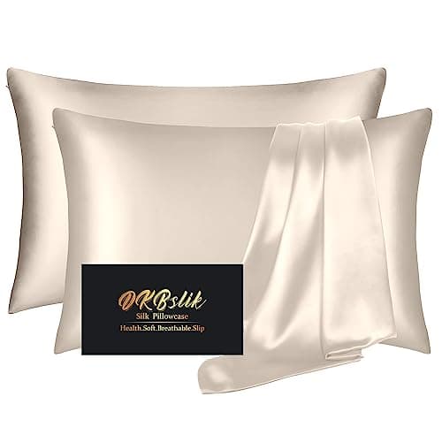 Silk Pillow Cases 2 Pack, Mulberry Silk Pillowcases Standard Set of 2, Health, Smooth, Anti Acne, Beauty Sleep, Both Sides Natural Silk Satin Pillow Cases for Women 2 Pack with Zipper for Gift, Beige image