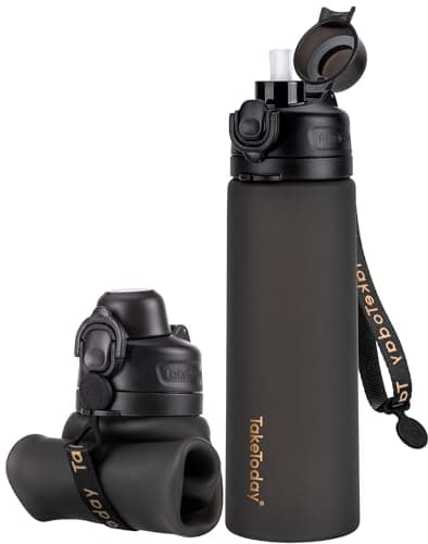 TakeToday Collapsible Water Bottles 20oz, Leak Proof, BPA-Free, Foldable Silicone Travel Water Bottle with Straw Strap for Cycling, Hiking, Outdoors (Black) image