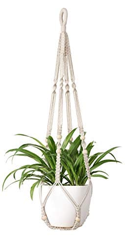 Mkono Macrame Plant Hanger Indoor Hanging Planter Basket with Wood Beads Decorative Flower Pot Holder No Tassels for Indoor Outdoor Boho Home Decor 35 Inch, Ivory, Set of 1 (POTS NOT Included) image