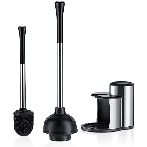 HAMITOR Toilet Plunger and Bowl Brush Set: 2 in 1 Stainless Steel Heavy Duty Toilet Cleaner Plunger with Holder Combo for Bathroom Cleaning - Modern Hideaway Bathroom Accessories with Caddy Stand image