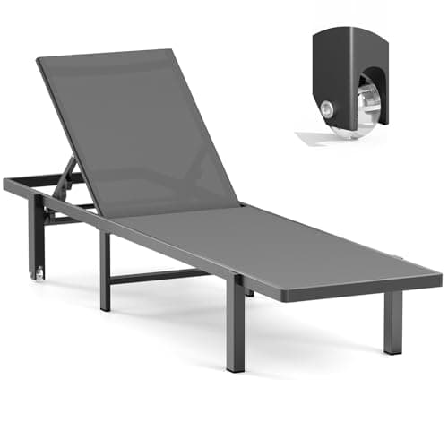 Aluminum Chaise Lounge Chair Outdoor with Wheels, Patio Lounge Chair with Adjustable 5-Position Recliner and Full Flat Tanning Chair for Patio, Beach, Pool, Grey image