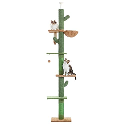 PAWZ Road Cat Tree, Cactus Floor to Ceiling Cat Tower with Adjustable Height(95-108 Inches), 5 Level Cat Climbing Tower with Cozy Hammock, Platforms and Dangling Balls for Indoor Cats image