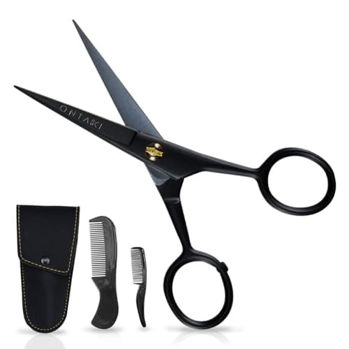 Ontaki 5" Professional German Beard & Mustache Scissors with 2 Comb & Carrying Pouch for Men - Bevel Edge for Precision - Facial Hair Grooming Kit All Body Hair - Black - Beard Trimming Scissors image