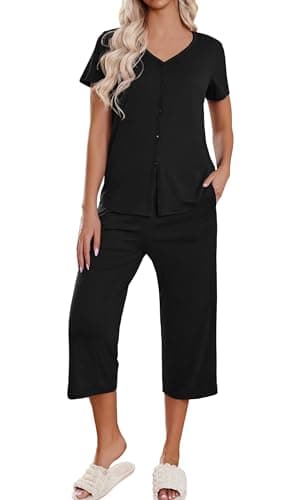 Ekouaer Women's Pajama Sets Short Sleeve Sleepwear Button Up 2 Piece Pj Loungewear Top and Capri Pants image