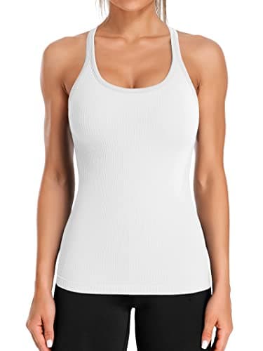 ATTRACO Seamless Workout Tank Tops for Women Racerback Athletic Tank with Built in Bra White image