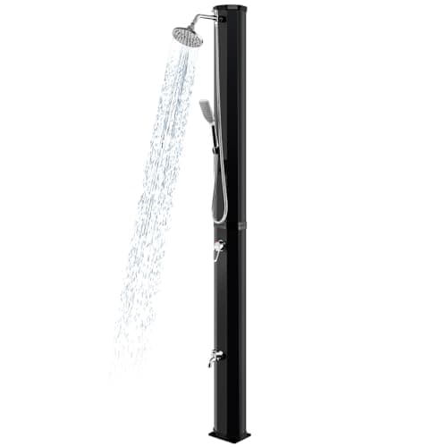 Goplus 9.3 Gallon Solar Heated Outdoor Shower, 7.2 FT Freestanding Garden Shower w/ 360° Swivel Shower Head, Foot Shower, Temperature Adjustment, for Poolside Backyard Beach (Black w/Handle Head) image