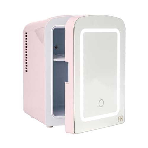 Paris Hilton Mini Refrigerator and Personal Beauty Fridge, Mirrored Door with Dimmable LED Light, Thermoelectric Cooling and Warming Function for All Cosmetics and Skincare Needs, 4-Liter, Pink image