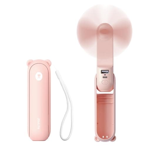 JISULIFE Handheld Mini Fan, 3 IN 1 USB Rechargeable Portable Fan [12-19 Working Hours] with Power Bank, Flashlight, Pocket Design for Travel/Summer/Concerts/Lash, Gifts for Women (Pink) image