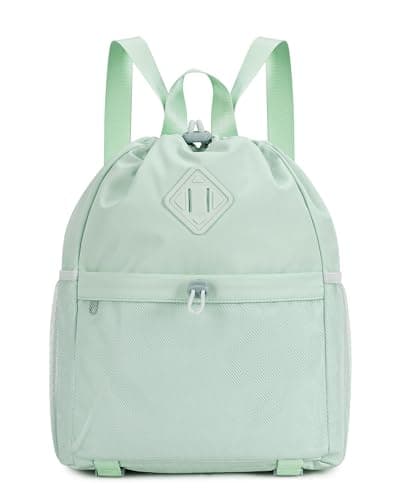 WANDF Drawstring Backpack Sports Gym Bag with Yoga Mat Strap, Water-Resistant String Backpack Cinch Bag with Mesh Pocket for Women Men (Mint Green, Patent Pending) image