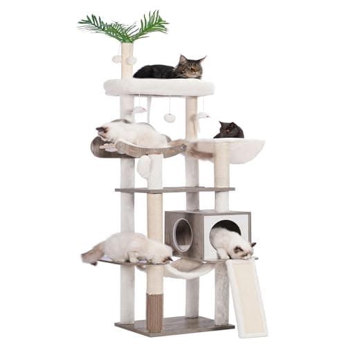 Heybly Wood Cat Tree for Indoor Cats, Cat Condo for Large Cats with Self Groomer,Modern Cat Scratching Tower with Basket,Hammock,Dangling Ball and Leaves,Rustic Gray HCT120SG image