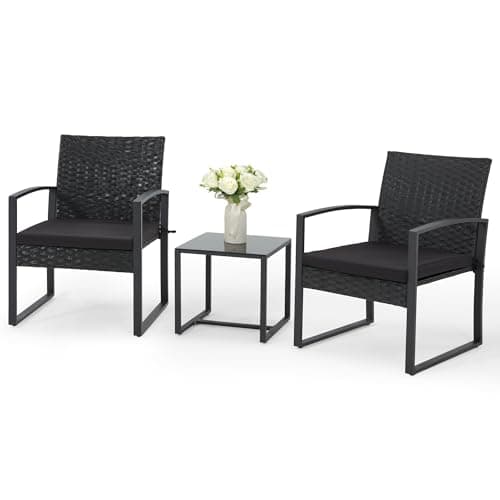 Bezseller 3 Pieces Patio Furniture Set, Outdoor Rattan Bistro Set with Coffee Table, Durable Steel Frame with Strapped Cushions for Garden, Balcony, Poolside, Backyard image