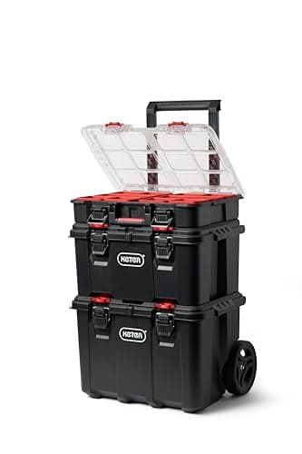 Keter Stack-n-Roll Modular Tools Organizer for Garage Storage and DIY, 3 Piece Resin Rolling Tool Box System for Small Parts image