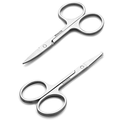 Facial Hair Small Grooming Scissors For Men Women - Eyebrow, Nose Hair, Mustache, Beard, Eyelashes, Ear Trimming Kit - Curved and Rounded Safety Tip Clippers For Hair Cutting - 2PCS Silver image