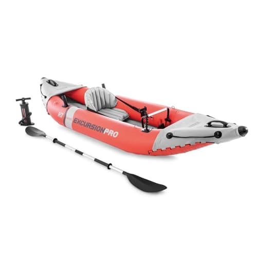 INTEX 68303EP Excursion Pro K1 Inflatable Kayak Set: Includes Deluxe 86in Kayak Paddles and High-Output Pump – SuperTough PVC – Adjustable Bucket Seat – 1-Person – 220lb Weight Capacity image