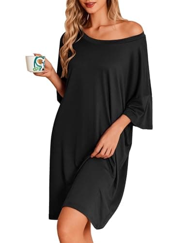 Ekouaer Plus Size Nightgowns for Women Oversized Sleep Shirt Short Sleeve Nightshirt T-Shirt Dress Sleepwear, Black, X-Large image
