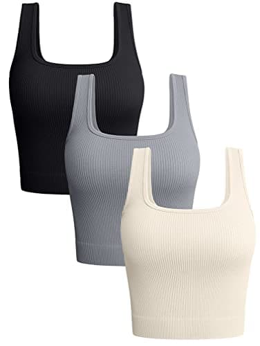 OQQ Women's 3 Piece Tank Tops Ribbed Seamless Workout Exercise Shirts 2025 Summer Basic Camis Black Grey Beige image