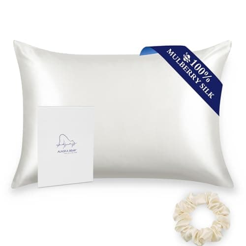 ALASKA BEAR Silk Pillowcase for Hair and Skin, Grade 6A 100% Mulberry Silk Pillow Cases King Size for Bliss Sleep with Random Color Scrunchy Set Better Than Poly Satin, 1pc, Natural Ivory White image