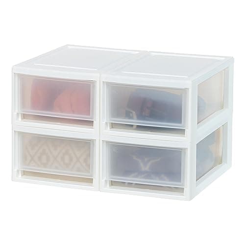 IRIS USA 6 Qt. Plastic Drawer Storage Organizer Stacking Drawers, 4-Pack, Stackable Unit with Sliding Drawer for Clothes Bedroom Kitchen Under Sink Pantry Craft Room Bathroom Dorm Office, White image