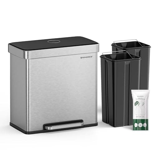 SONGMICS Kitchen Trash Can, 16 Gallons (2 x 8 Gallons) Dual Compartment Garbage Can, 60L Pedal Recycling Bin, Stay-Open Lid and Soft Closure, Stainless Steel, 15 Bags Included, Silver ULTB202E01 image