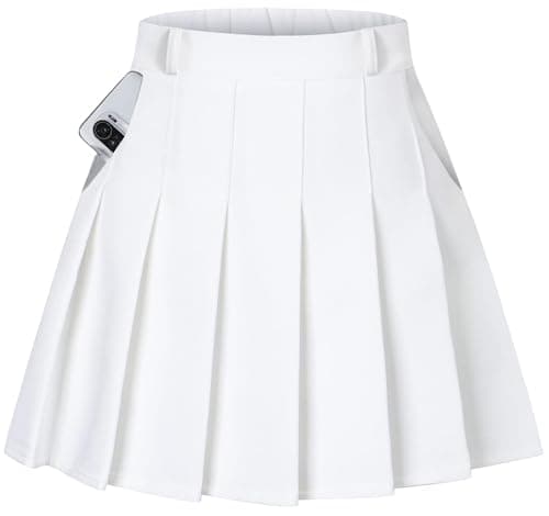 SANGTREE Women's High Waisted Pleated Skater Tennis School A-Line Skirt Uniform Skirts with Lining Shorts, White, US XL image