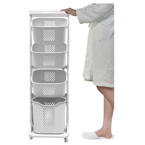 4-Tier Laundry Hamper Sorter, Laundry Storage Organizer with Wheels Removable Rolling Laundry Baskets, Bathroom Cart for Dirty Clothes image