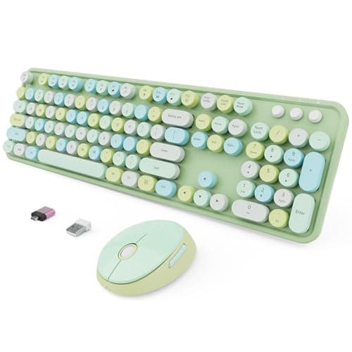 Wireless Keyboard and Mouse Combo, Ergonomic Full Size Typewriter Retro Round Keycaps Keyboard, Compatible with Windows, PC, Perfect for Home and Office Keyboards (Green) image