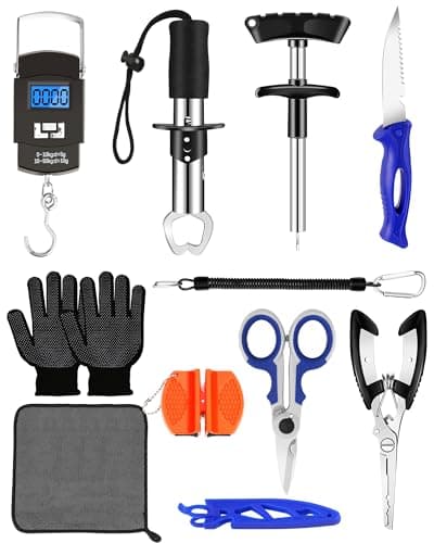 AOFUXTI Fishing Tool Kit - Fishing Pliers, Hook Remover, Fish Gripper, Fish Scale, Fish Knife, Saltwater Fishing Gear with Sharpeners, Best Gifts for Men (Orange with Scale) image