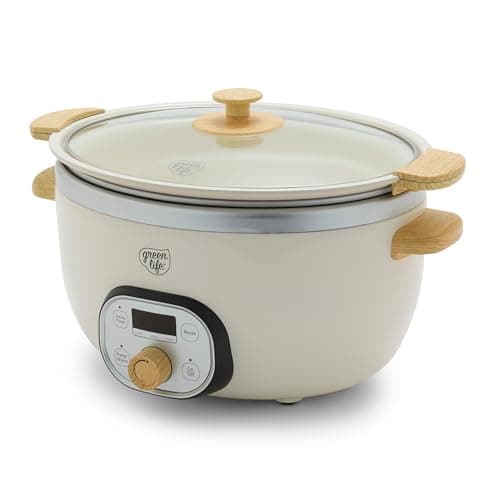 GreenLife 6 QT Ceramic Non Stick Slow Cooker, PFAS-Free Programmable Removable Pot for Family Meals, Sear on Stovetop Keep Warm, Digital Timer, Dishwasher Safe Glass Lid & Crock, Cream image