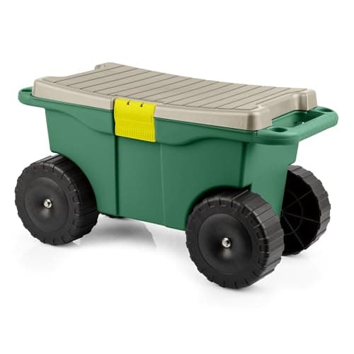 Rolling Garden Cart with Seat - Plastic Storage with Bench and Interior Tool Tray - Gardening Stool for Weeding and Planting By Pure Garden (Green) image