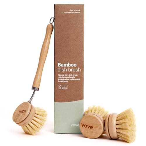 Vove | Bamboo Dish Brush | Long Lasting Brush with 3 Replacement Heads | Natural Bristle | Eco-Friendly | Wooden Dish Brush for Washing and Cleaning Pot Pan Dish Bowl | image