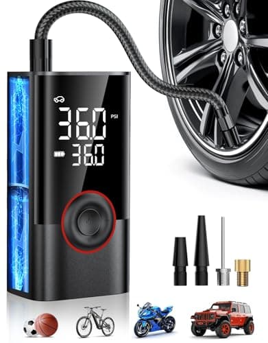 OMQ Tire Inflator Portable Air Compressor, 150PSI Smart Air Pump for Car Tires with LED Light, Cordless Tire Pump with Digital Pressure Gauge, Tire Inflator for Car, Bike, Motorcycle, Ball image
