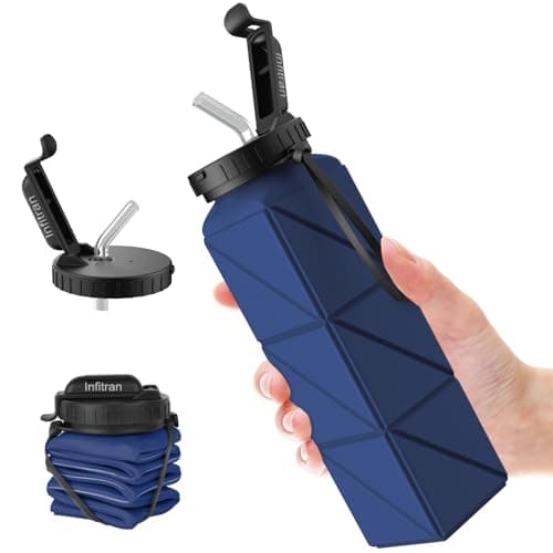 Infitran Collapsible Water Bottles, BPA-Free Silicone Foldable Water Bottle Cup with Straw Strap 20.6oz, Leak-Proof Durable Lightweight Bottle for Gym Travel Camping Hiking Running Sport, DarkBlue image