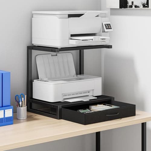 YAOHUOO 2-Tier Desktop Printer Stand with Fabric Drawer, Printer Table with Storage Shelf, Desk Organizer for Home Office, 3D Printer, Fax Machine, Scanner, 17.3"x11.8" Black image