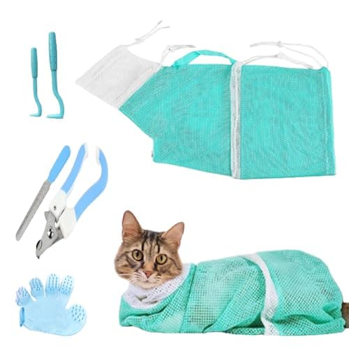 fghuim 6 Pieces Cat Bathing/Grooming Bag, Adjustable Cat Shower Net Bag and Pet Nail Clippers, Nail File, Grooming Gloves, Tick Tool, Pet Dog and Cat Nail Trimming Check. image
