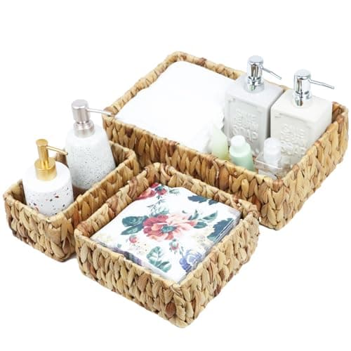 Wicker Baskets for Organizing, Woven Storage Baskets for Shelves, Water Hyacinth Wicker Baskets for Storage, Decorative Shelf Baskets for Pantry, Set of 3 (Large, Medium, and Small) image