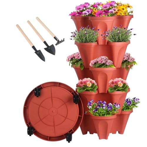 Vertical Planter 5 Tier Stackable Planters Garden Planters Strawberry Herb Flower and Vegetable Planter Indoor Outdoor Gardening Pots with Removable Wheels and Tools image