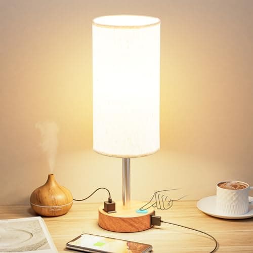 Fenmzee Bedside Table Lamp for Bedroom - 3 Way Dimmable Touch Lamp USB C Charging Ports and AC Outlet, Small Lamp Wood Base Round Flaxen Fabric Shade for Living Room, Desk, LED Bulb Included image