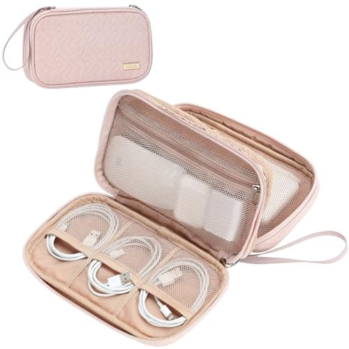 NISHEL Travel Cord Organizer Case, Double Layers Tech Electronic Bag, Essentials for Charger, Cable, Phone, Flash drive, Pink image