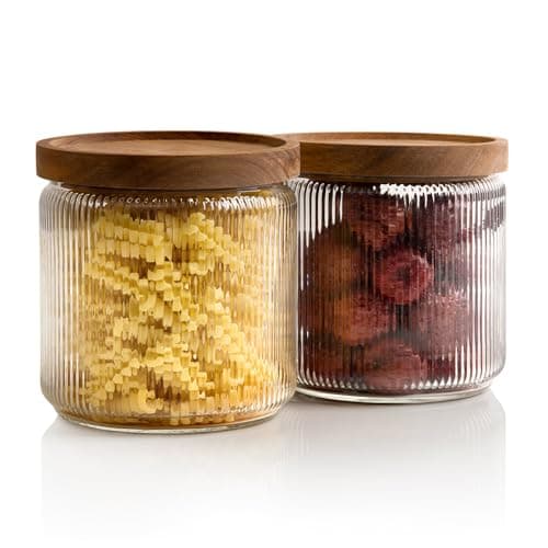 Mason & Fable Ribbed Glass Jar, Stackable & Airtight Wooden Lid- Storage Canister for Cereal, Pasta, Rice/Flour - High End Look for Kitchen, Pantry, Bar Organization - 40oz, Set of 2 image
