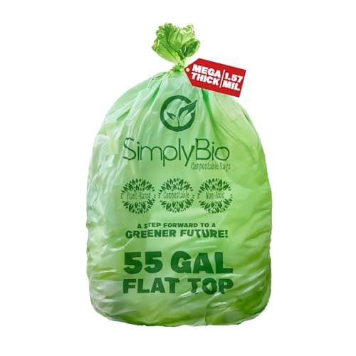 Simply Bio 50-55 Gallon Compostable Trash Bags Liners Flat-Top, Heavy Duty Extra Thick 1.57 Mil, 208.2 Liter, 12 Bags, Lawn, Yard, and Restaurant Use, ASTM D6400, US BPI, OK Compost Home Certified image